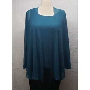 Women’s Blue‑Green 2‑Piece Top Set Sheer Cardigan Tank Size 14 Elegant